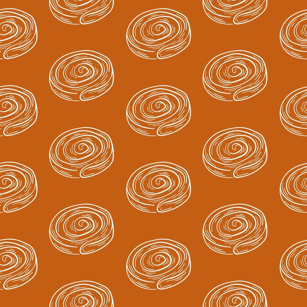 Seamless pattern with line art style cinnamon roll on orange background. Perfect for bakery design, food packaging, wallpaper, and cozy decoration. vector