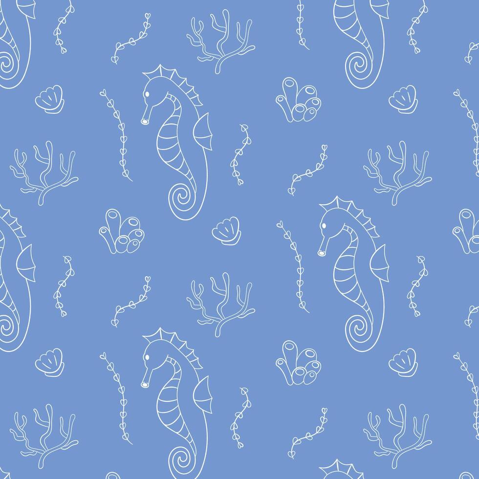 Seamless pattern with hand drawn illustration of seahorse, coral, seaweed and shell on a blue background. Ideal for ocean inspired design, fabric print, wallpaper and stationery. vector