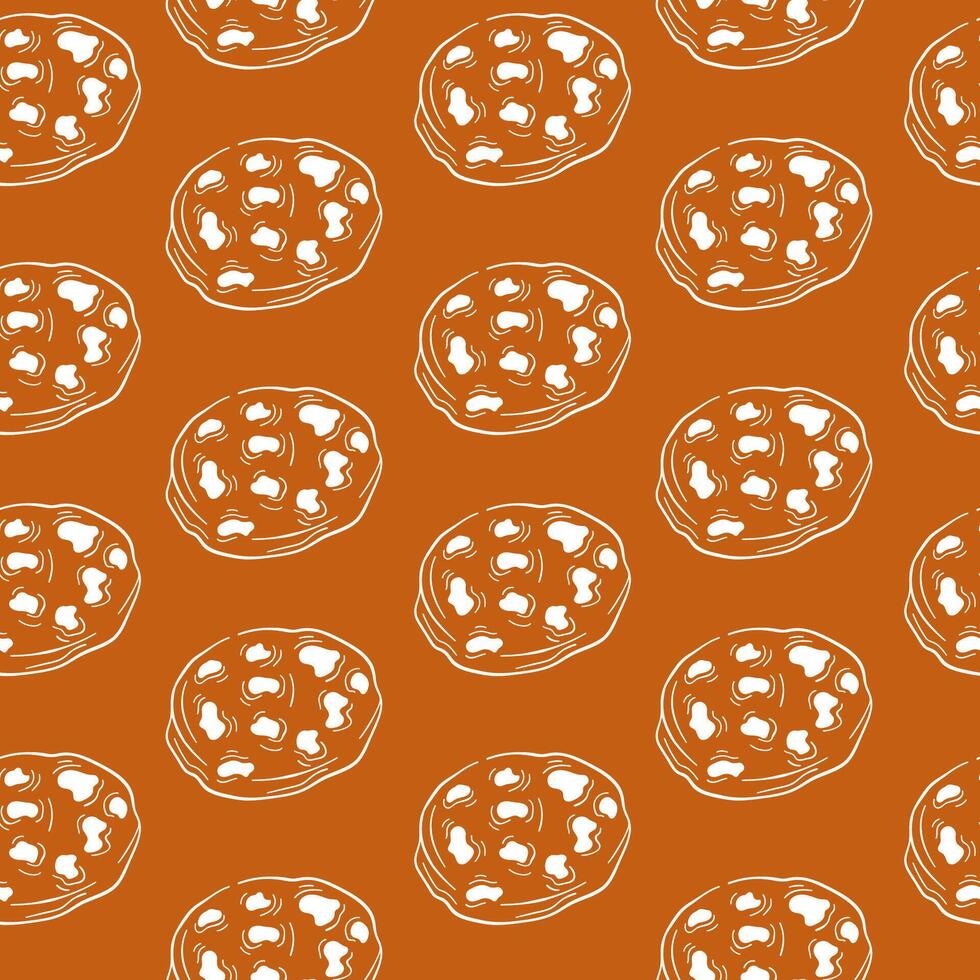 Seamless pattern with hand drawn chocolate chip cookie on a brown background. Perfect for bakery packaging, textile design, kitchen decor and dessert themed graphic. vector
