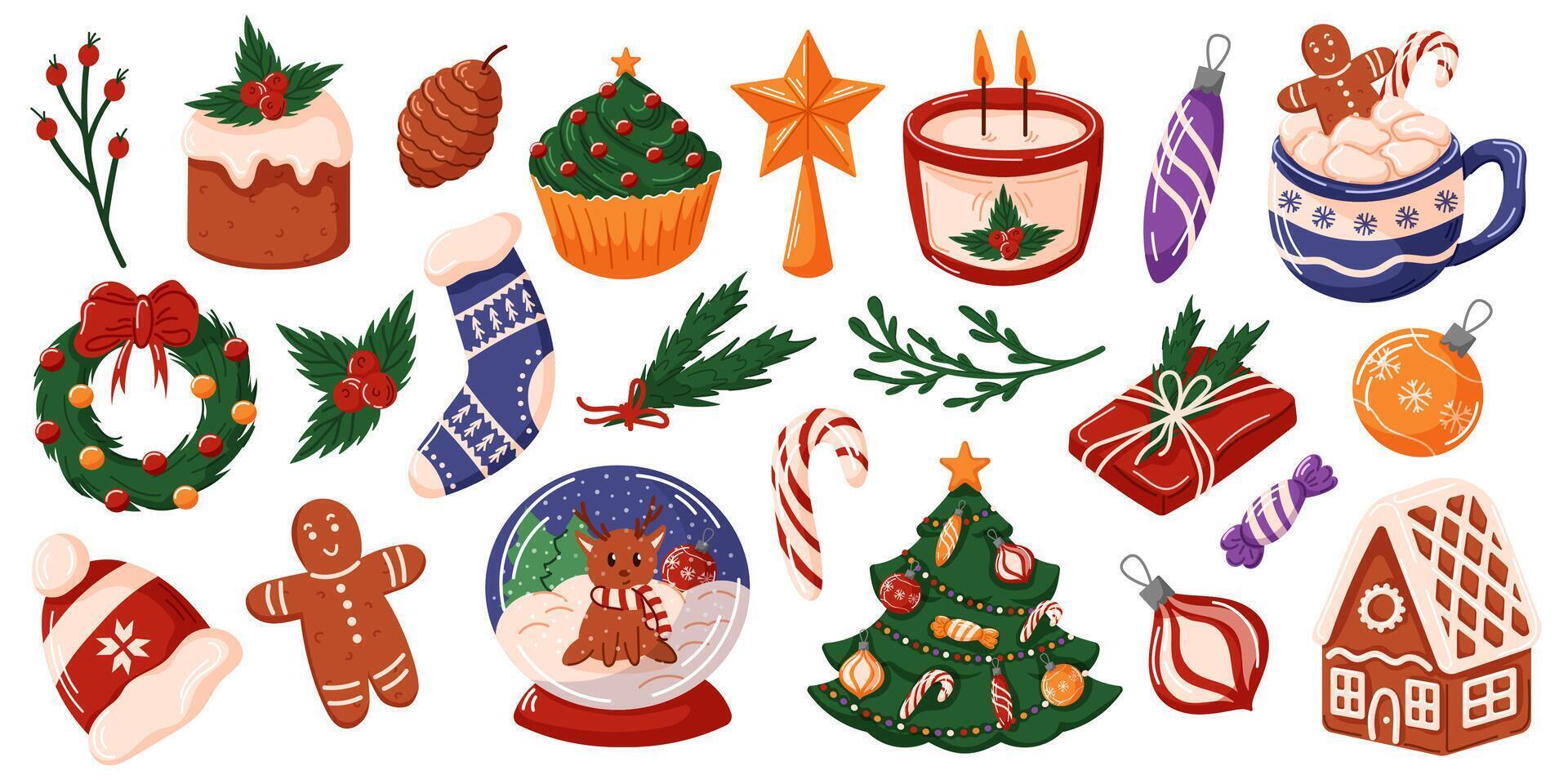 Festive Christmas set with holiday elements like gingerbread man, house, tree, ornament, candle, wreaths and gift. Ideal for holiday themed illustration, card, and decoration. Cartoon style. vector