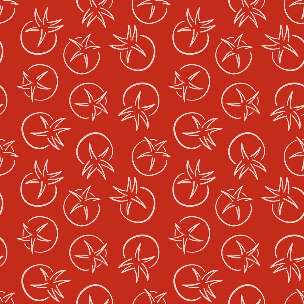 Seamless pattern of tomato in line art style on red background. Vegetable design for package, wallpaper, menu. vector