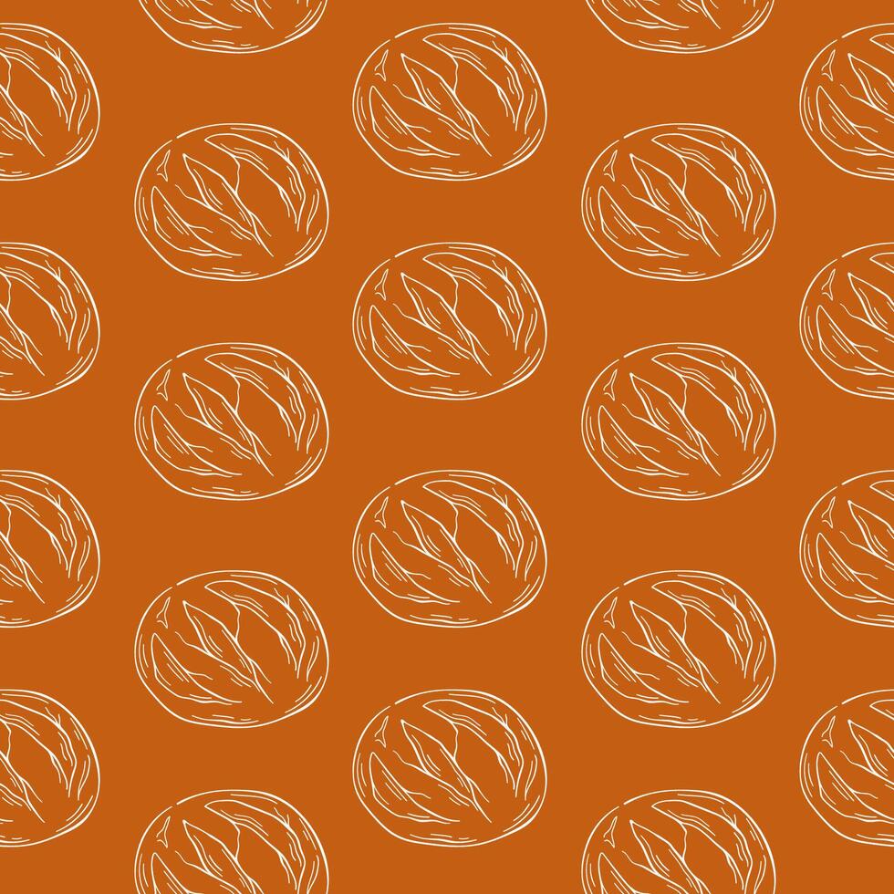 Seamless pattern of line art round bread loaves on a brown background. Ideal for bakery theme, packaging and food related design project. vector