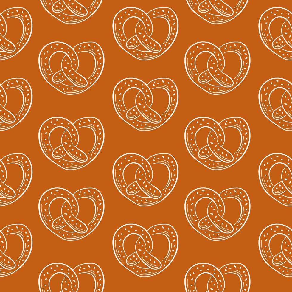Seamless pattern of hand drawn pretzel in heart shape on brown background. Ideal for bakery, Oktoberfest theme, packaging and festive design. vector