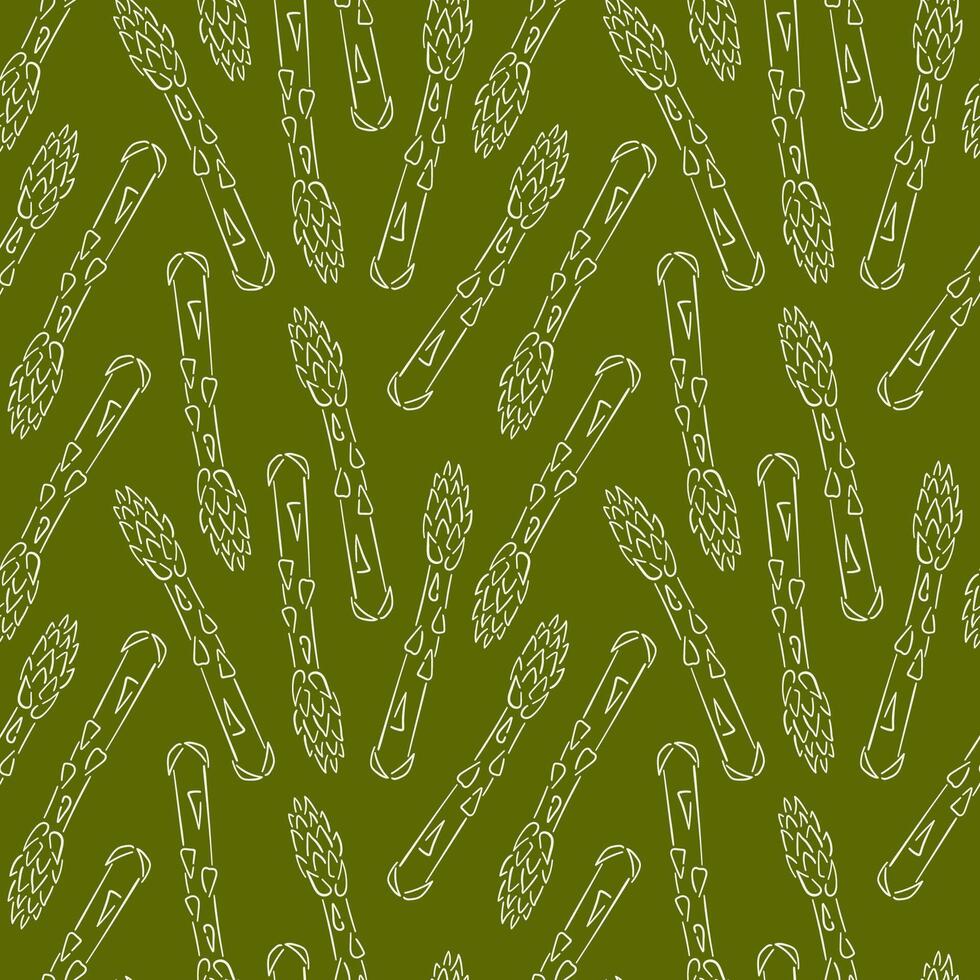 Outline sprouts of asparagus seamless pattern. Design for product packaging, menu and restaurant wallpaper. Vegetable. Illustration on a green background. vector
