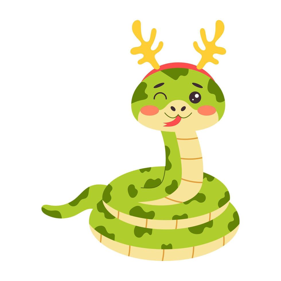 Cute snake with reindeer antlers headband. New Year Holiday. Illustration. vector