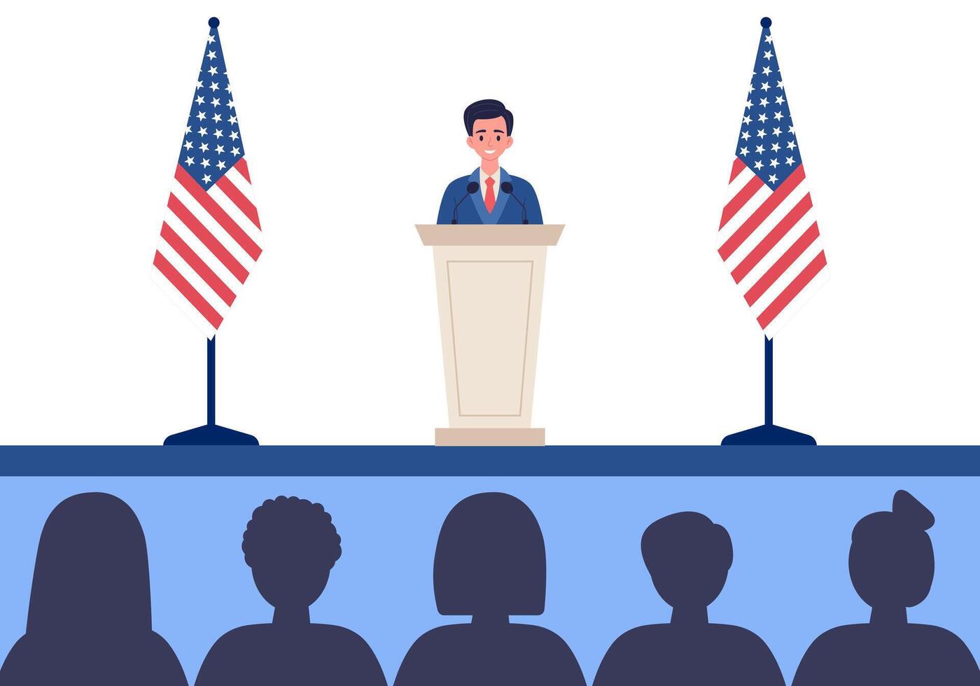 Male leader behind podium with USA flags and silhouettes of spectators. illustration. vector