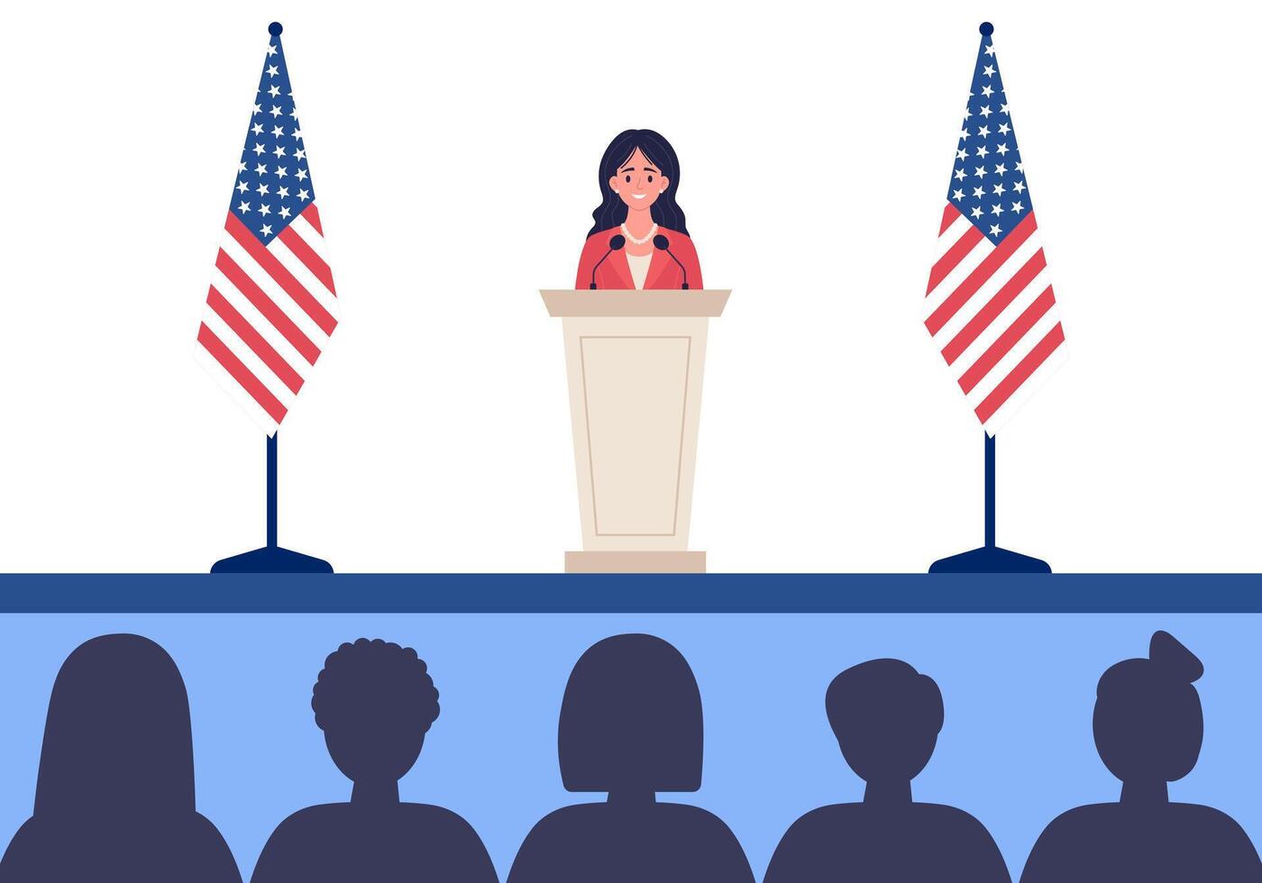 Female leader behind podium with USA flags and audience silhouettes. illustration. vector