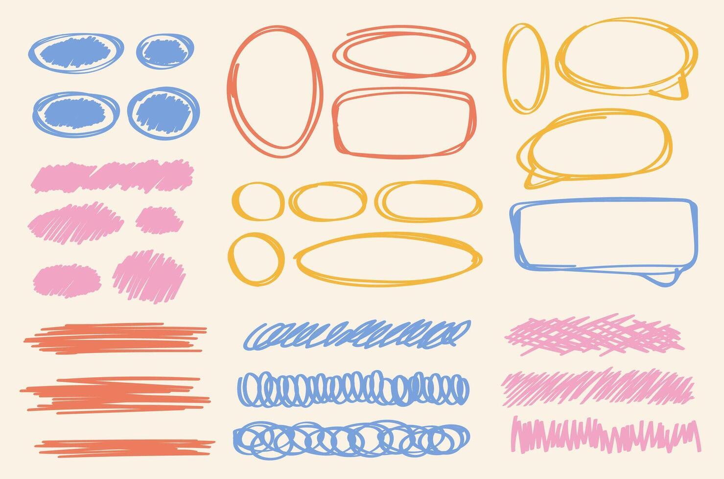 Trendy geometric postmodern primitive shapes. Hand drawn text space, doodles, frames, dots, doodle frames, notes, round ovals. Brutalist shapes for Swiss minimalist design vector