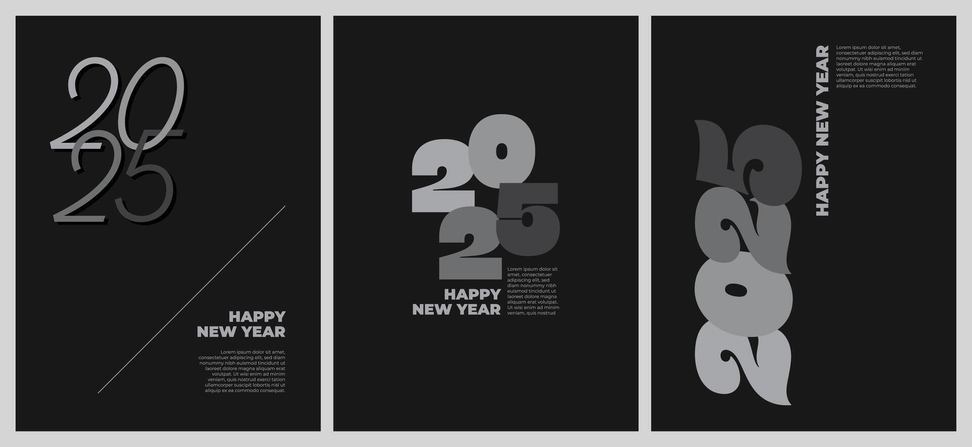 An elegant poster design for Happy New Year 2025, featuring a combination of clean silver and black colors. This premium poster background celebrates the New Year in style vector