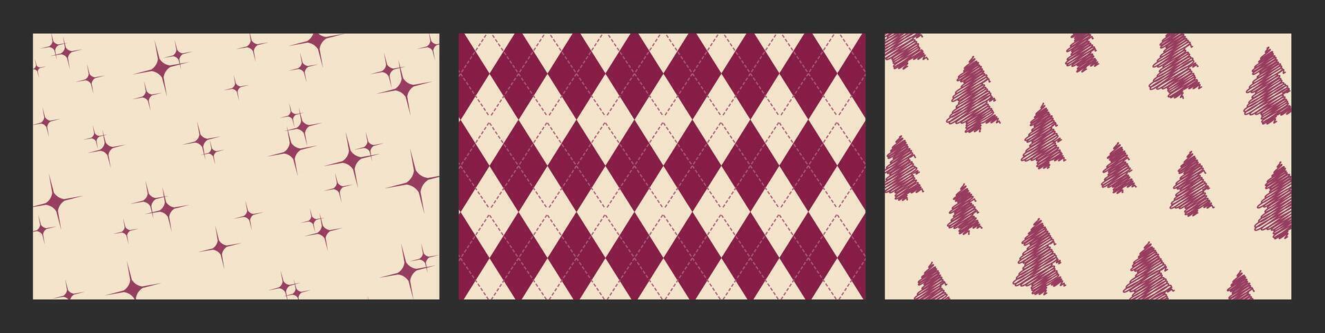 A set of Christmas patterns featuring Christmas trees, with a Scandinavian Norwegian simple winter print. This minimalistic graphic illustration includes a striped herringbone pattern vector