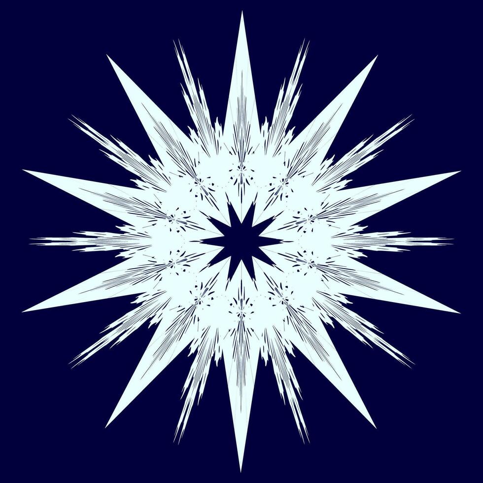 Symmetrical star-shaped pattern. Elegant snowflake-inspired. Dark blue background with intricate design. Complex lines and curves in white and light blue. Creates depth, sophistication. Winter theme. vector