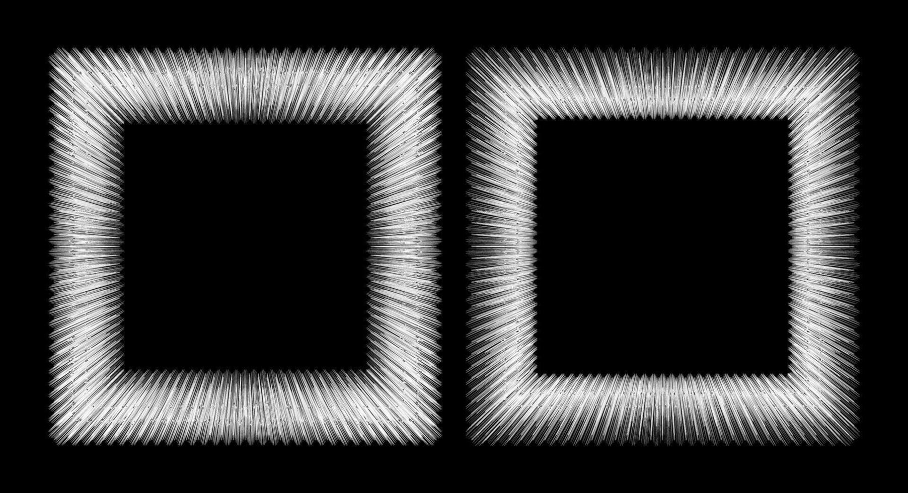 Sets of two square frame with a white outline on black background. Thin, white lines that radiating outward from the center. Slight thickness and spacing variation. Sense of movement and speed. vector