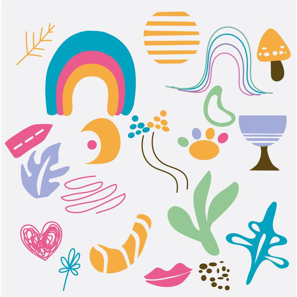 Contemporary abstract forms. Minimalist flat different shapes dynamic style art elements. Simple floral leaves plants vector