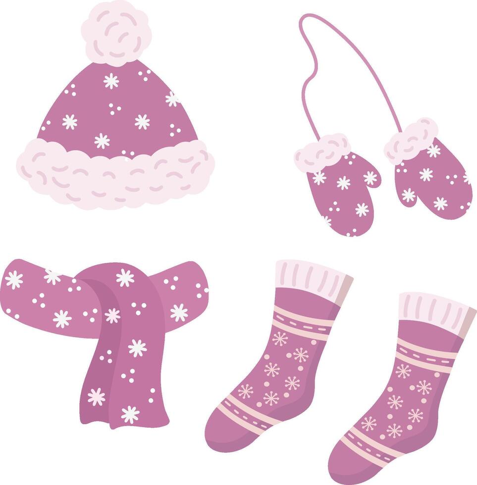 set of winter clothes. Knitted accessories for winter and autumn. Hat, scarf, mittens, socks. Winter woolen clothes. The outerwear is pink with an ornament. illustration vector