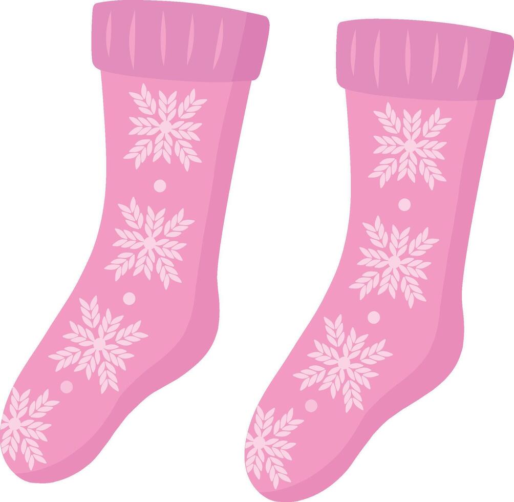 A pair of knitted pink socks with a pattern. Collection of socks, winter illustration. A set of fashionable clothes in an individual style. New Year is illustration. illustration vector