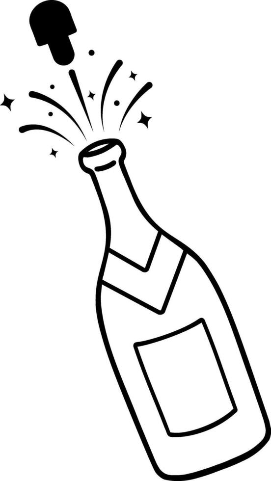 illustration of a champagne bottle with an opening cork and flying splashes and sparks. illustration of the champagne bottle icon, black and white contour illustration. vector