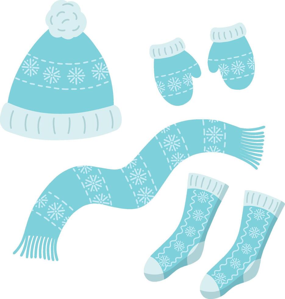 set of winter clothes. Knitted accessories for winter and autumn. Hat, scarf, mittens, socks. Winter woolen clothes. The outerwear is blue with an ornament. vector