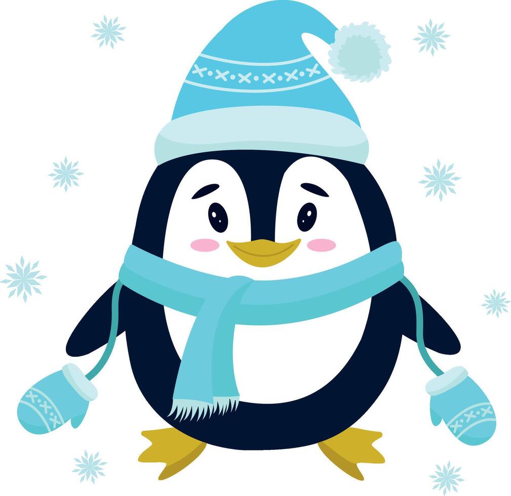A cute penguin in a hat, mittens and scarf on a background of snowflakes. Christmas illustration. Mascot, postcard. vector
