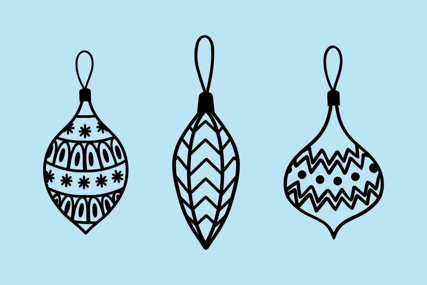 A set of Christmas tree toys. black and white image of Christmas tree toys in the form of icicles and balls, a symbol of Christmas and New Year. It is used for the design of banners, coloring vector