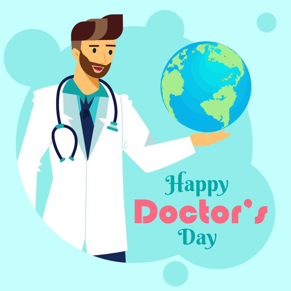 Doctor's day concept with happy doctor holding globe illustration vector