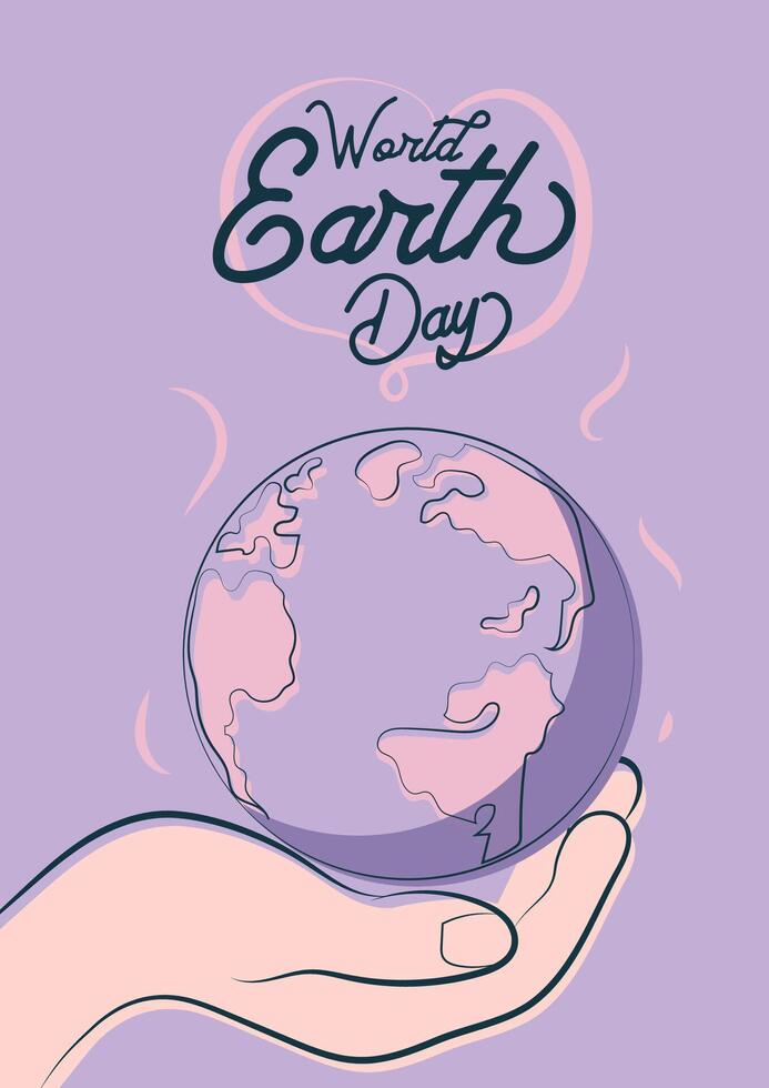 Hand holding earth globe on purple background with text world earth day vector