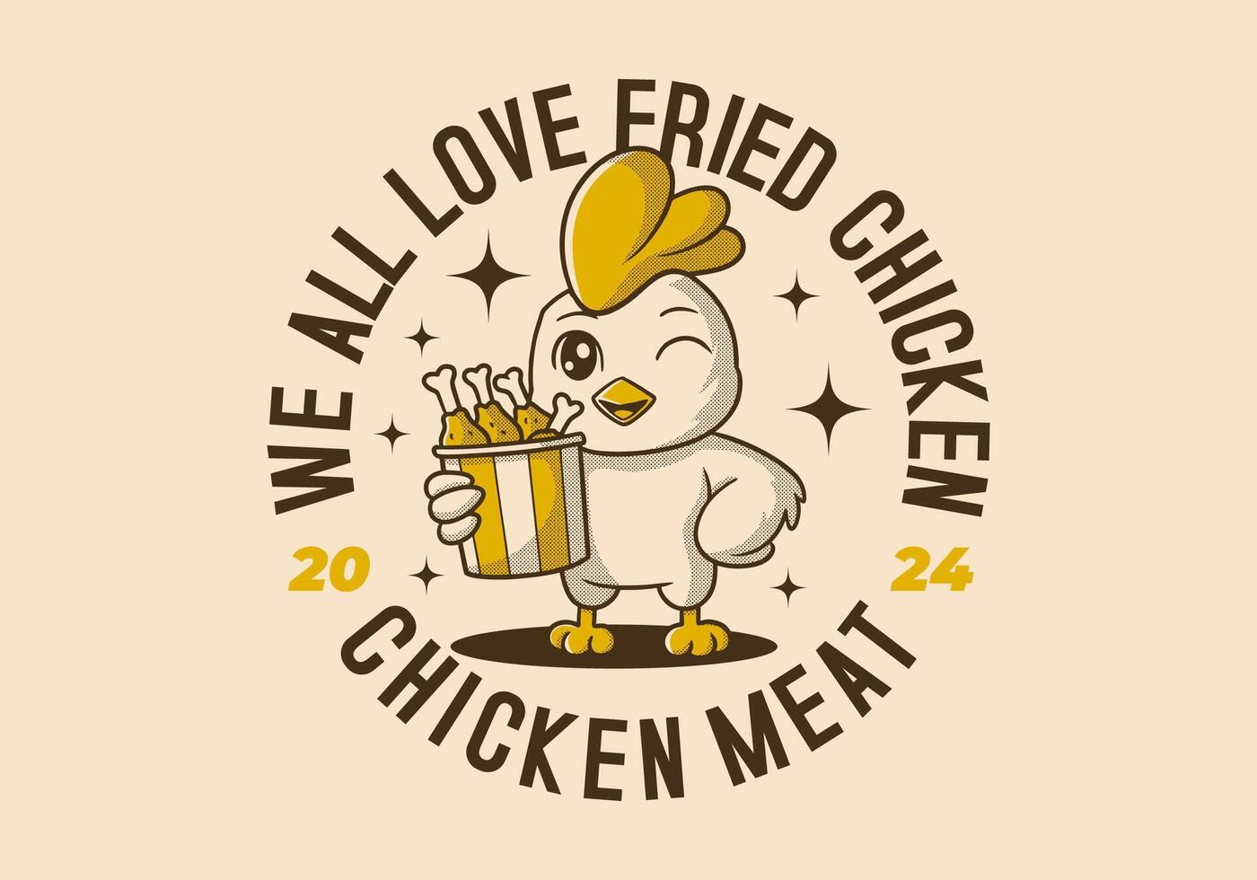 We all love fried chicken. Rounded text shape of Retro mascot character of chicken or rooster holding a cup of fried chicken vector