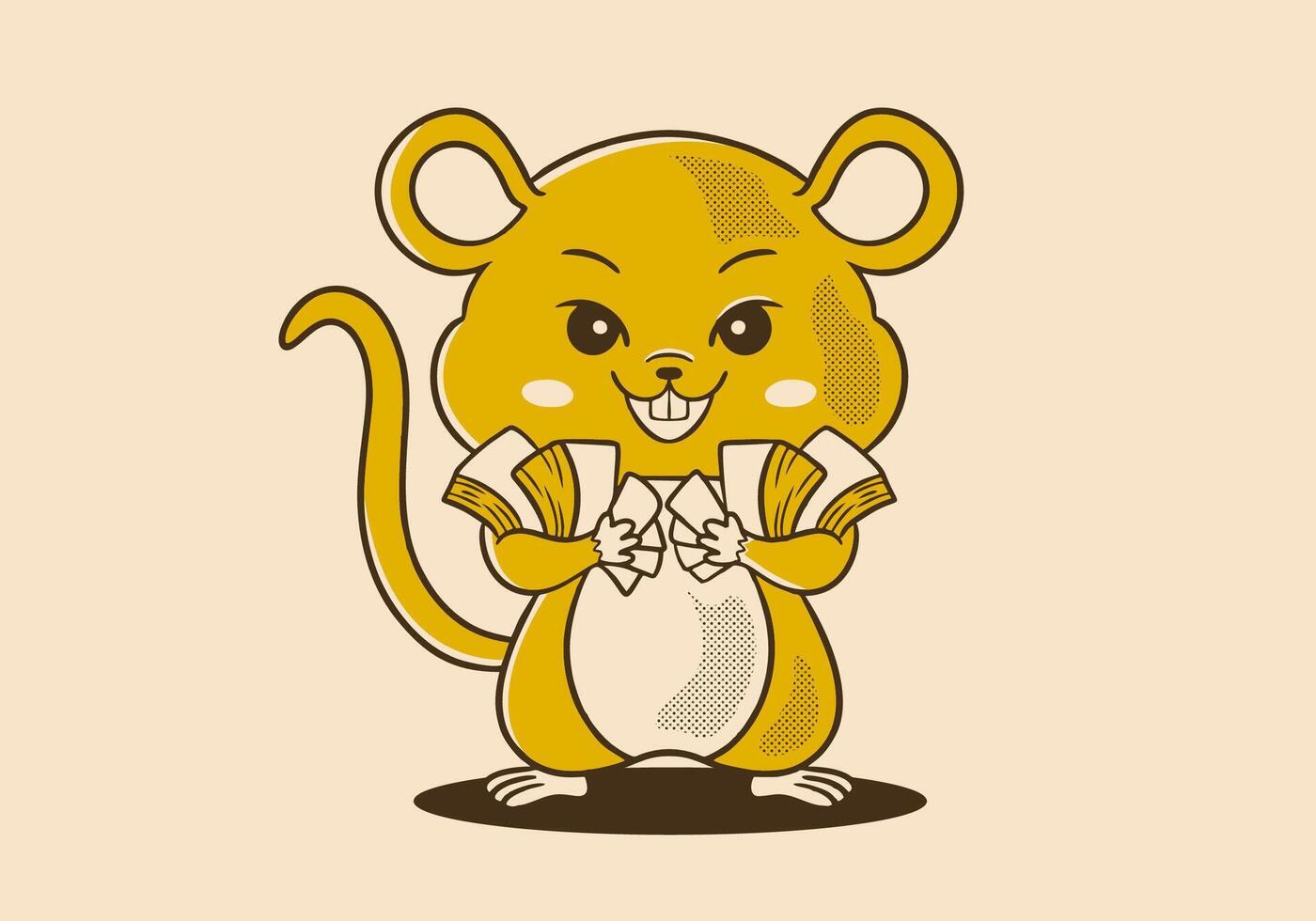 Rat mascot character holding a lot of money with yellow brown colors vector