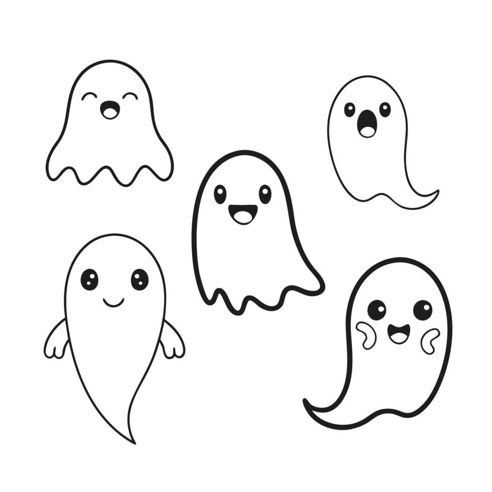 Cute Ghost Characters Line Art Set vector