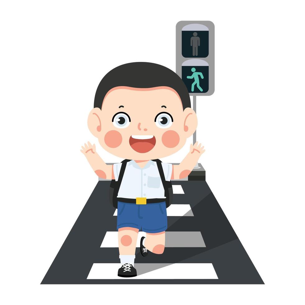 Boy crossing the street with school vector