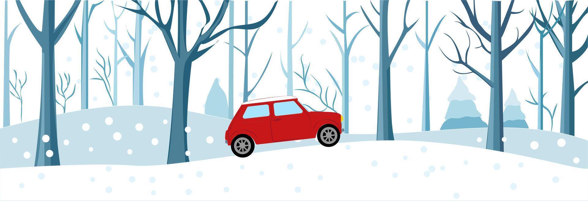 A vibrant winter landscape with a retro car driving through a snowy forest, surrounded by trees and gentle snowfall. illustration vector