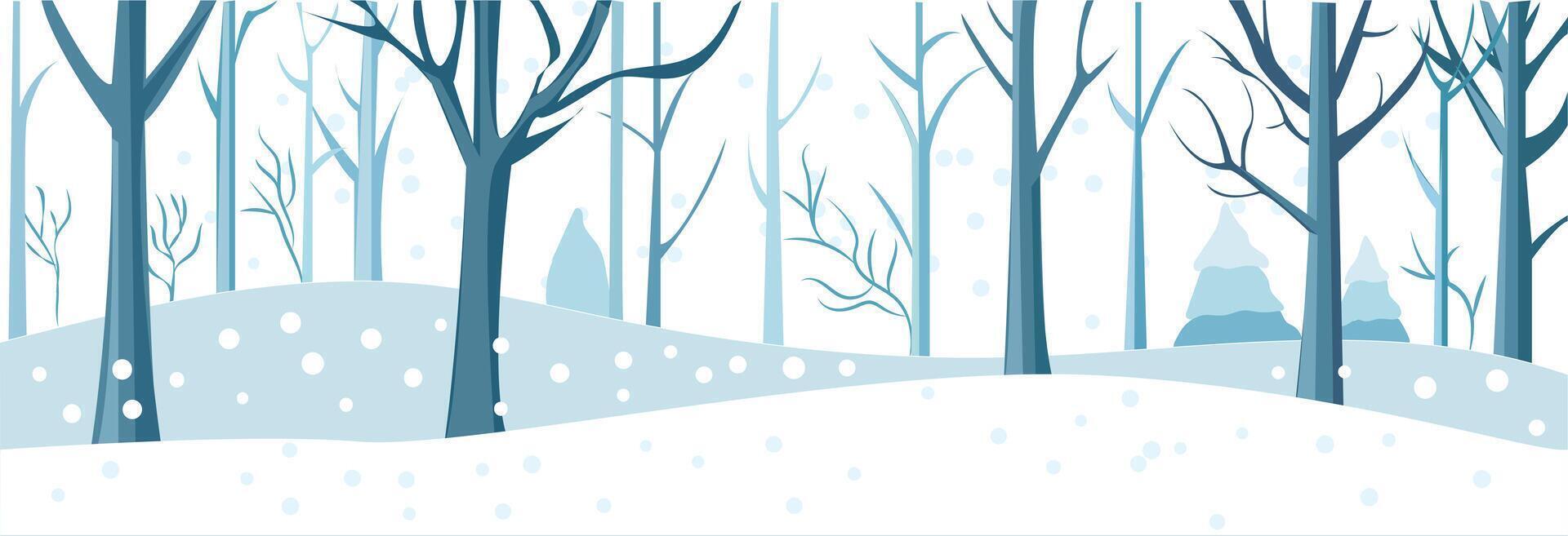A vibrant winter landscape with a retro car driving through a snowy forest, surrounded by trees and gentle snowfall. illustration vector