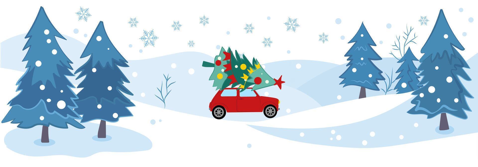 A vibrant winter landscape featuring a retro car with a Christmas tree on its roof, surrounded by snowy trees. illustration vector