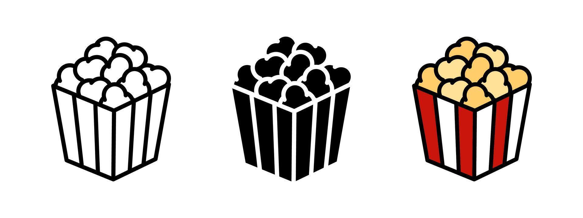 Popcorn icon. Cinema snack symbol. Pop corn bucket illustration. Movie snack sign. Crunch sticks pictogram. Striped popcorn pack concept. vector