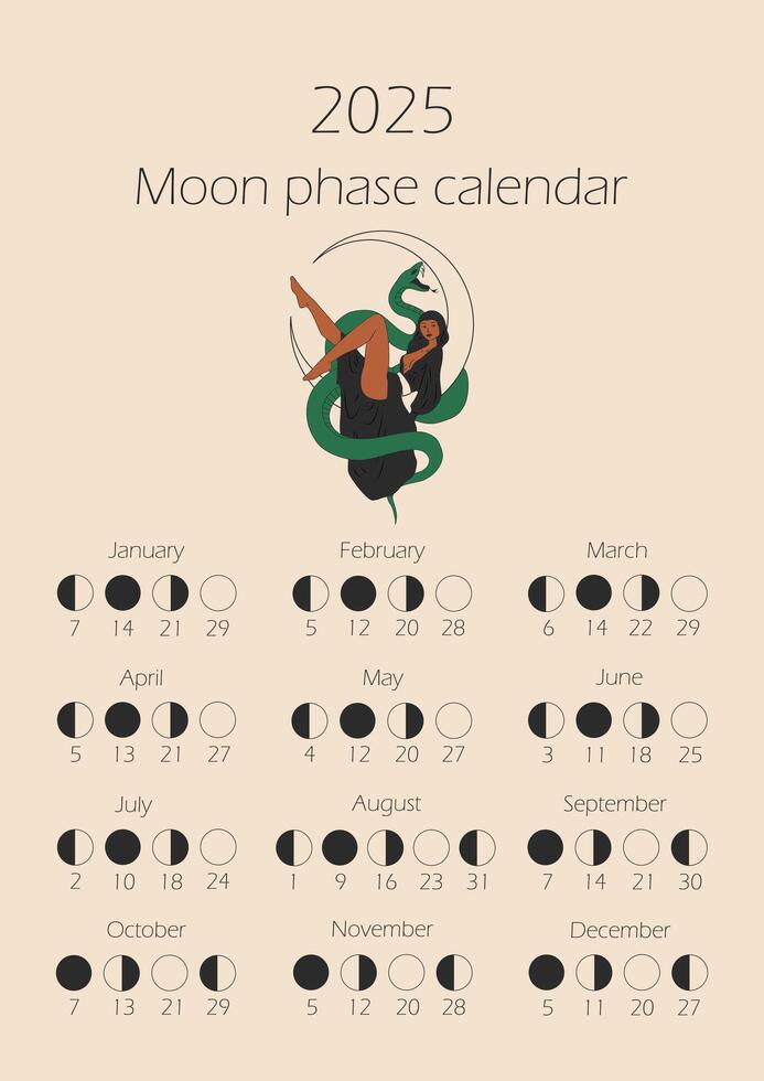 Moon phases calendar 2025 with woman with a snake wrapped around her body. Waning gibbous, Waxing crescent, New moon, Full moon with dates. vector