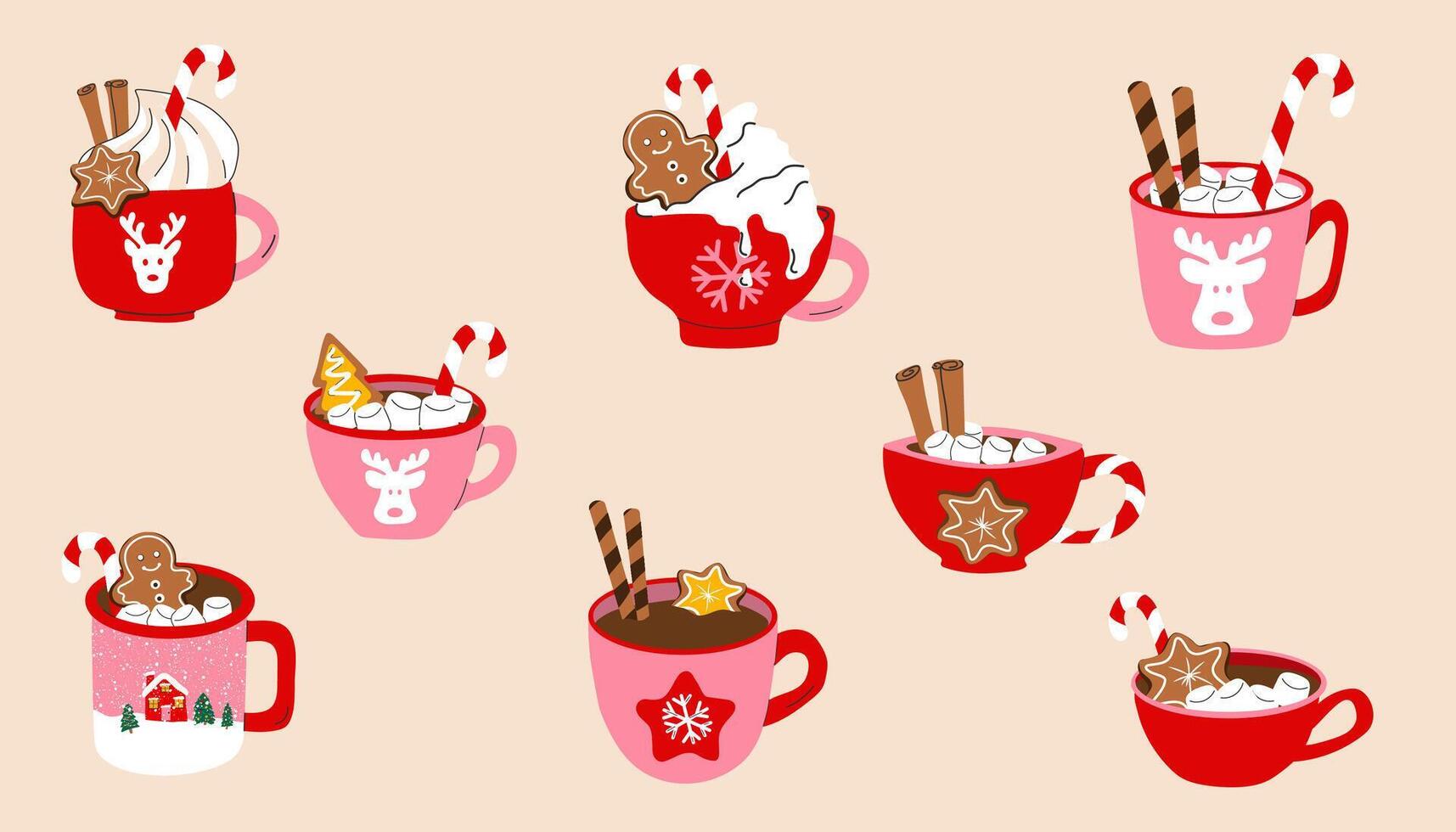 Set of cute holiday mug with a flat cartoon style, featuring a Christmas hot drink vector
