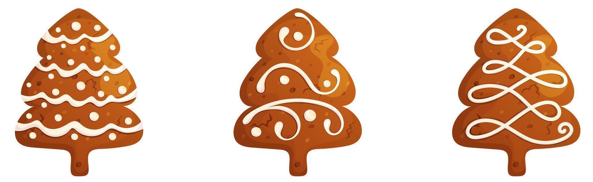 Christmas tree gingerbread isolated on white. Happy holidays handmade traditional pastry set. vector