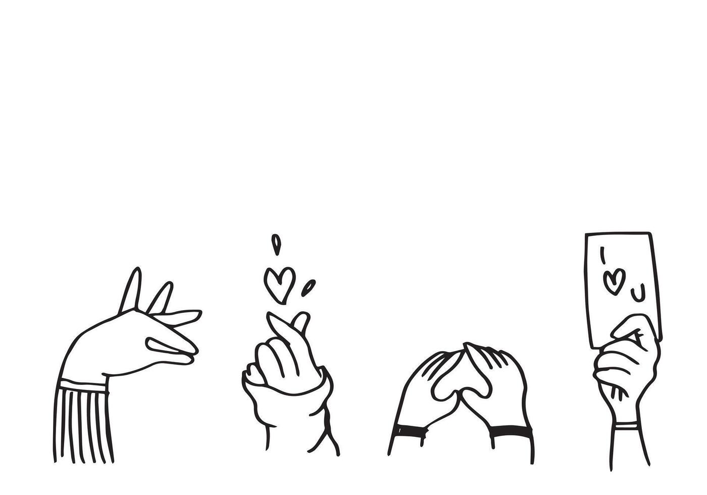 four drawings of hands in unique poses in doodle style vector