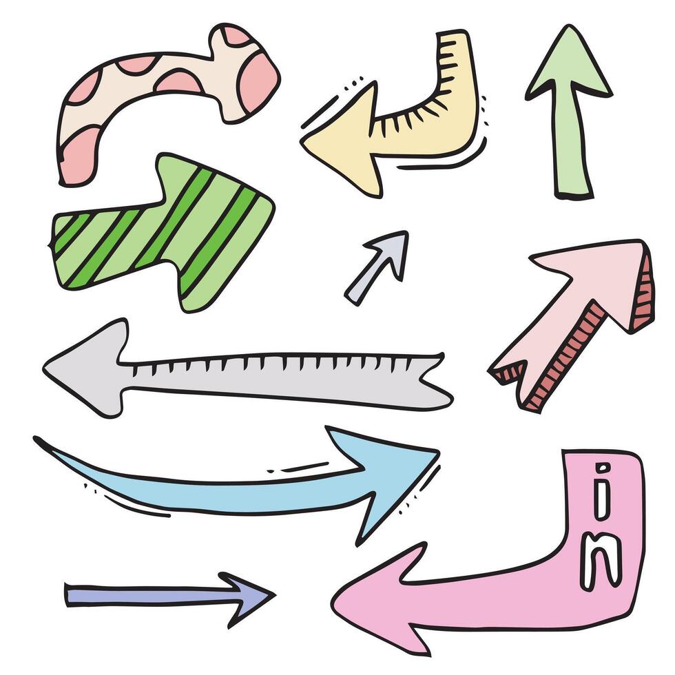 Various arrows colored doodle set. Cartoon dynamic arrow pointers. Hand drawn direction arrow design isolated on white background. vector