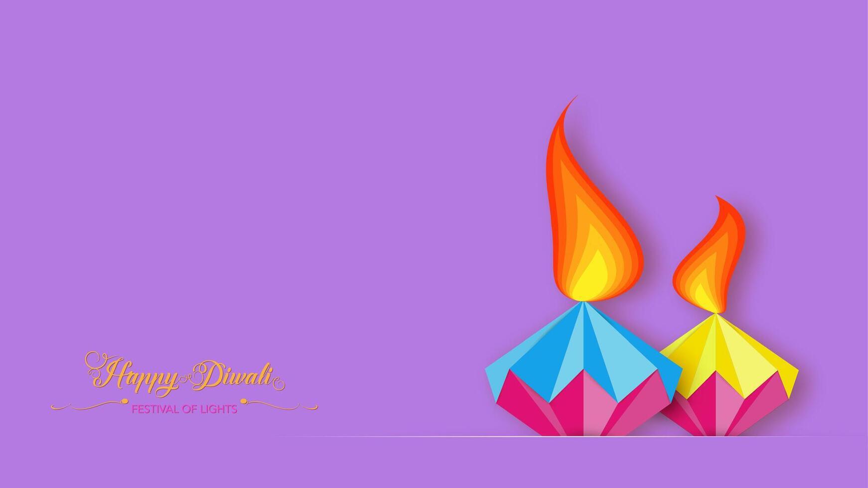 Happy Diwali Festival of Lights India Celebration template. Graphic banner design of Indian Diya Oil Lamps design. Paper cut style festive isolated on light purple background with copy space vector