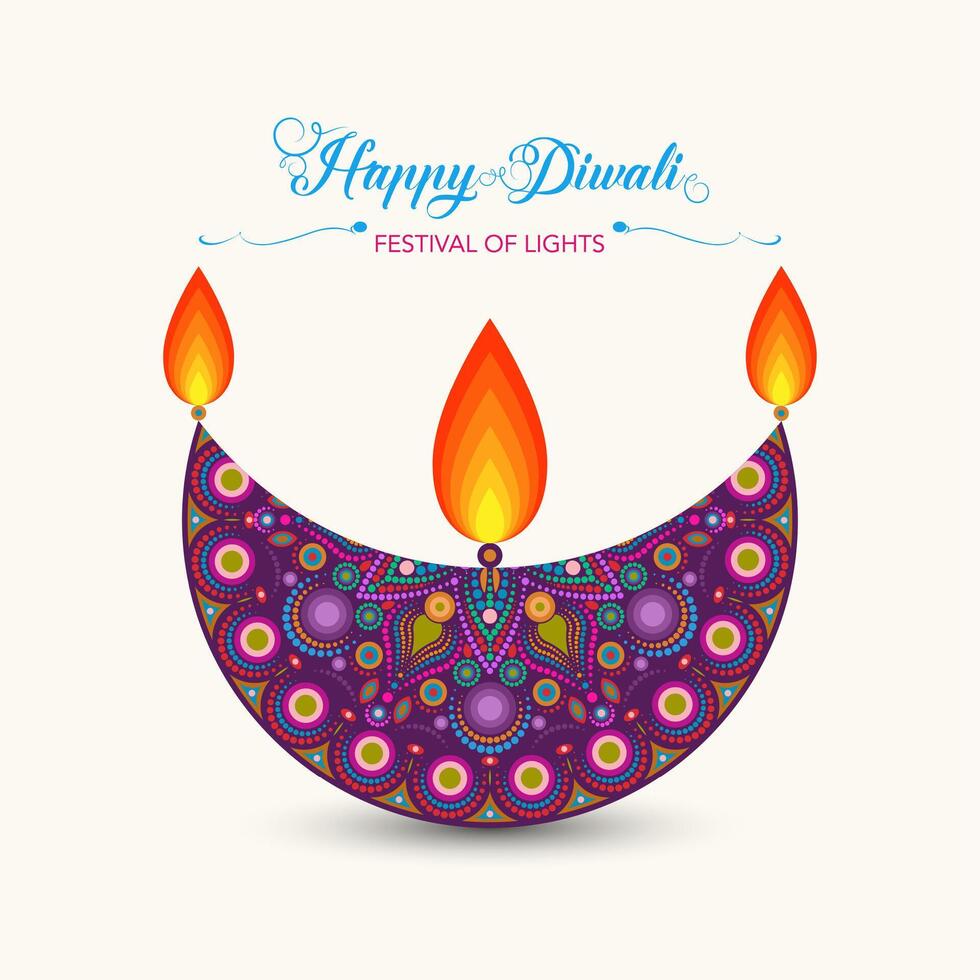 Diwali Diya Oil Lamp in rangoli design, floral pattern. Indian Festival of Lights, India Festive Celebration colorful logo template. illustration isolated on white background vector