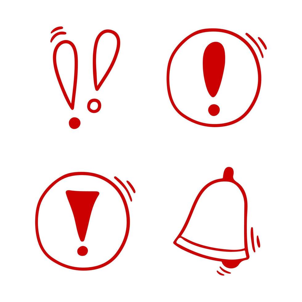 Doodle exclamation mark, notification bell, alert danger information sign set. Scribble hand drawn red doodle exclamation point, stop warning sign. vector