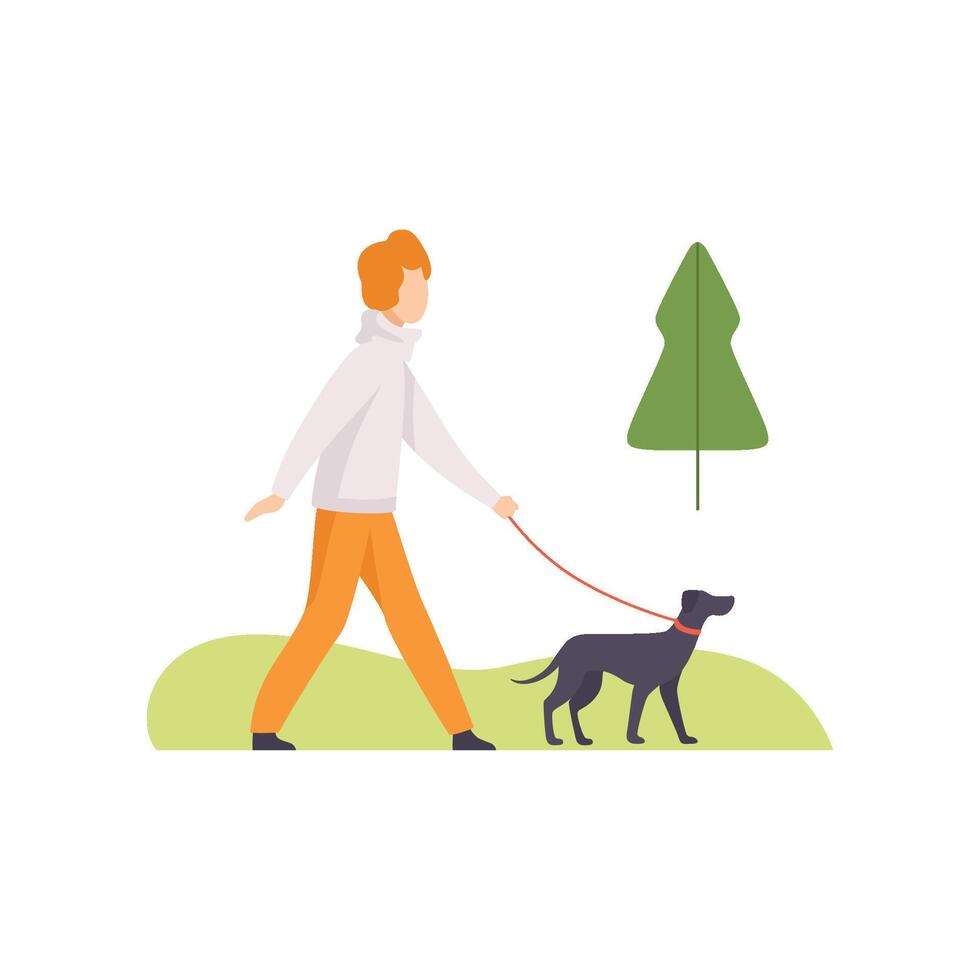 Young Man Walking with His Dog in Park, Girl Relaxing and Enjoying Nature Outdoors Illustration vector
