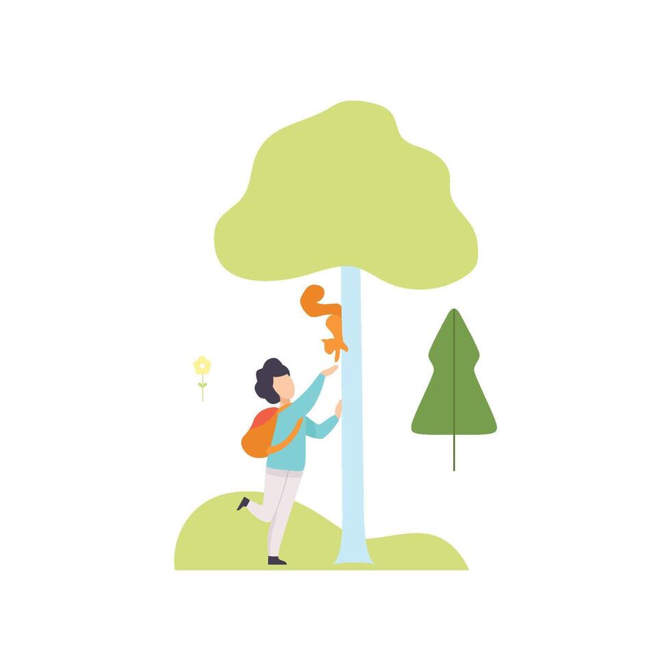 Cute Boy Walking and Feeding Squirrel in Summer Park, Girl Relaxing and Enjoying Nature Outdoors Illustration vector