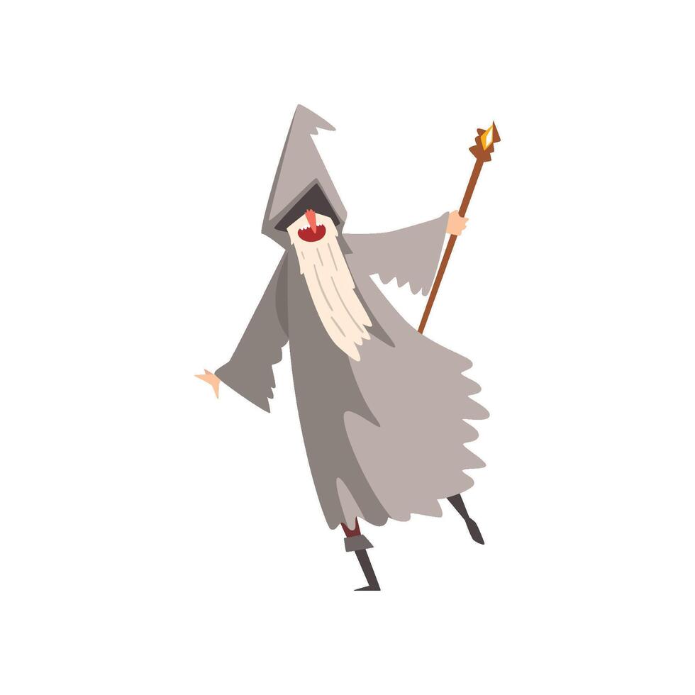 Elderly Male Sorcerer with Magic Staff, Bearded Wizard Character Wearing Mantle and Pointed Hat Illustration vector