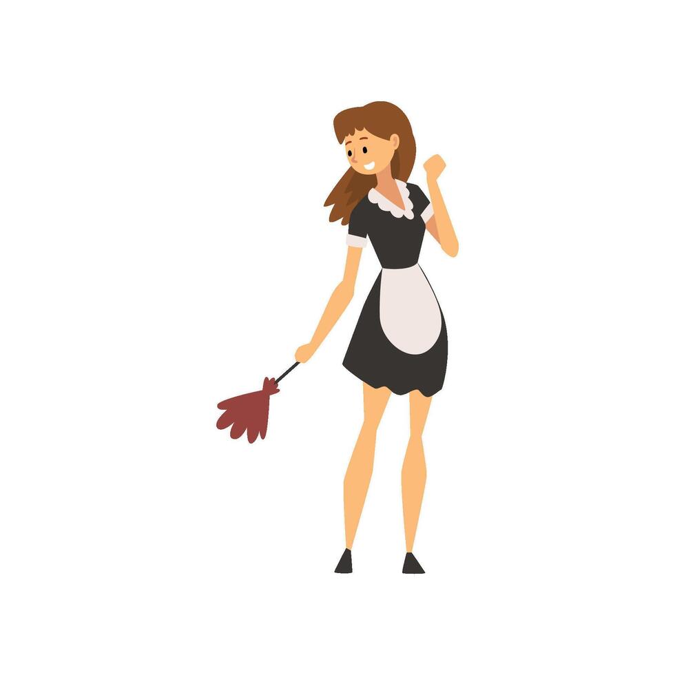 Smiling Maid Standing with Duster, Housemaid Character Wearing Classic Uniform with Black Dress and White Apron Illustration vector
