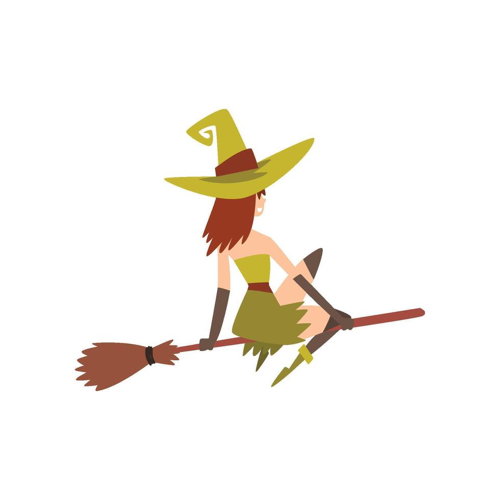 Beautiful Witch Flying on Broom, Charming Witch Character Illustration vector