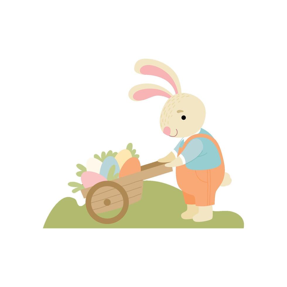 Cute Bunny Pushing Wooden Cart Full of Decorated Eggs, Happy Easter, Design Element for Greeting Card, Invitation, Poster, Banner Illustration vector