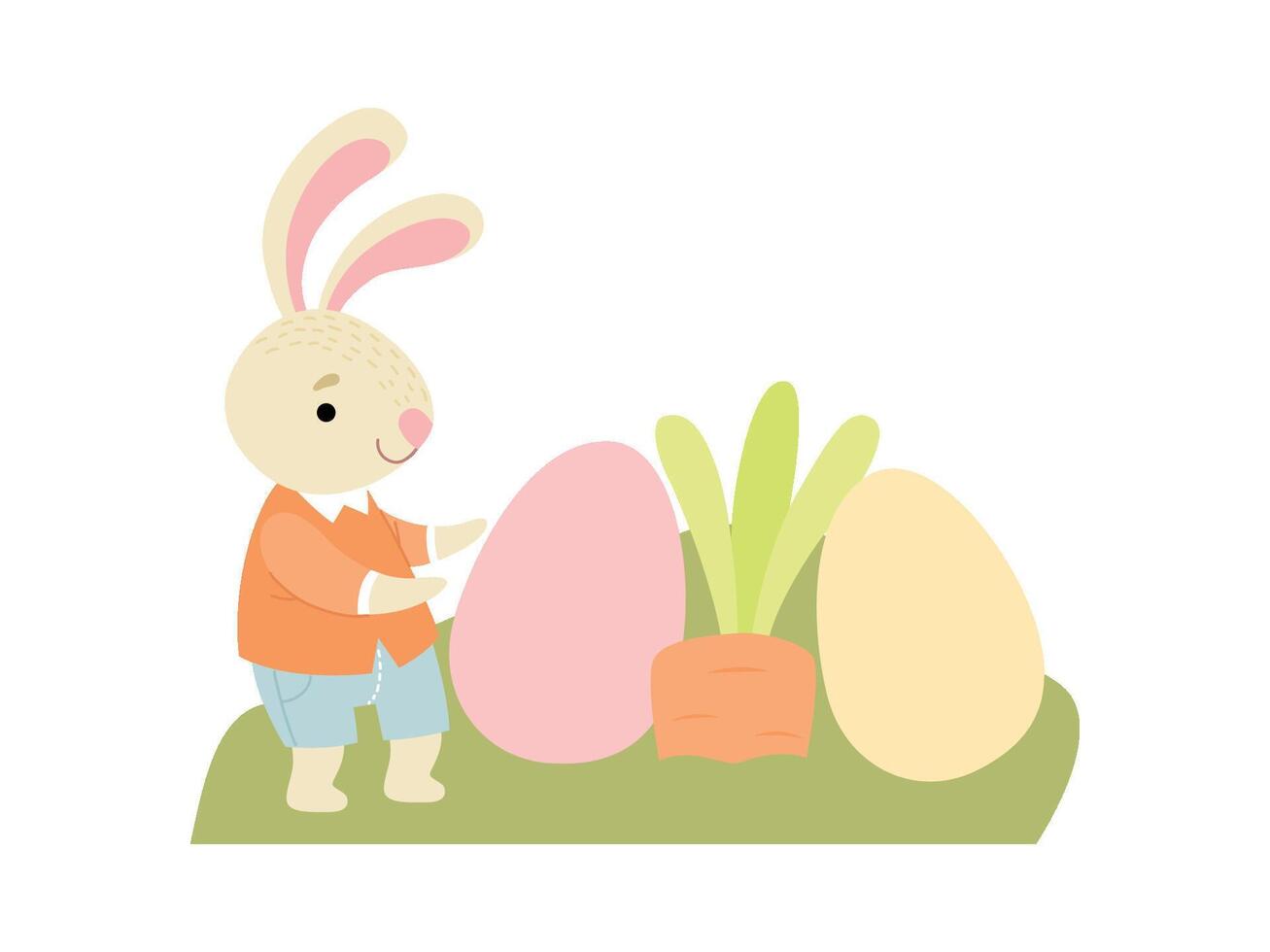 Cute Bunny Playing with Colorful Eggs in Garden, Happy Easter Illustration vector