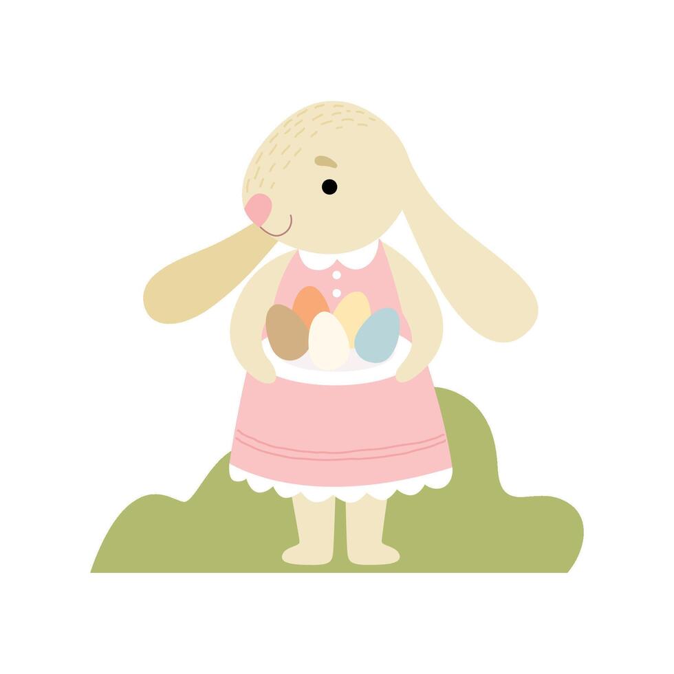 Happy Cute Bunny in Pink Dress Holding Plate with Colorful Eggs, Happy Easter, Design Element for Greeting Card, Invitation, Poster, Banner Illustration vector