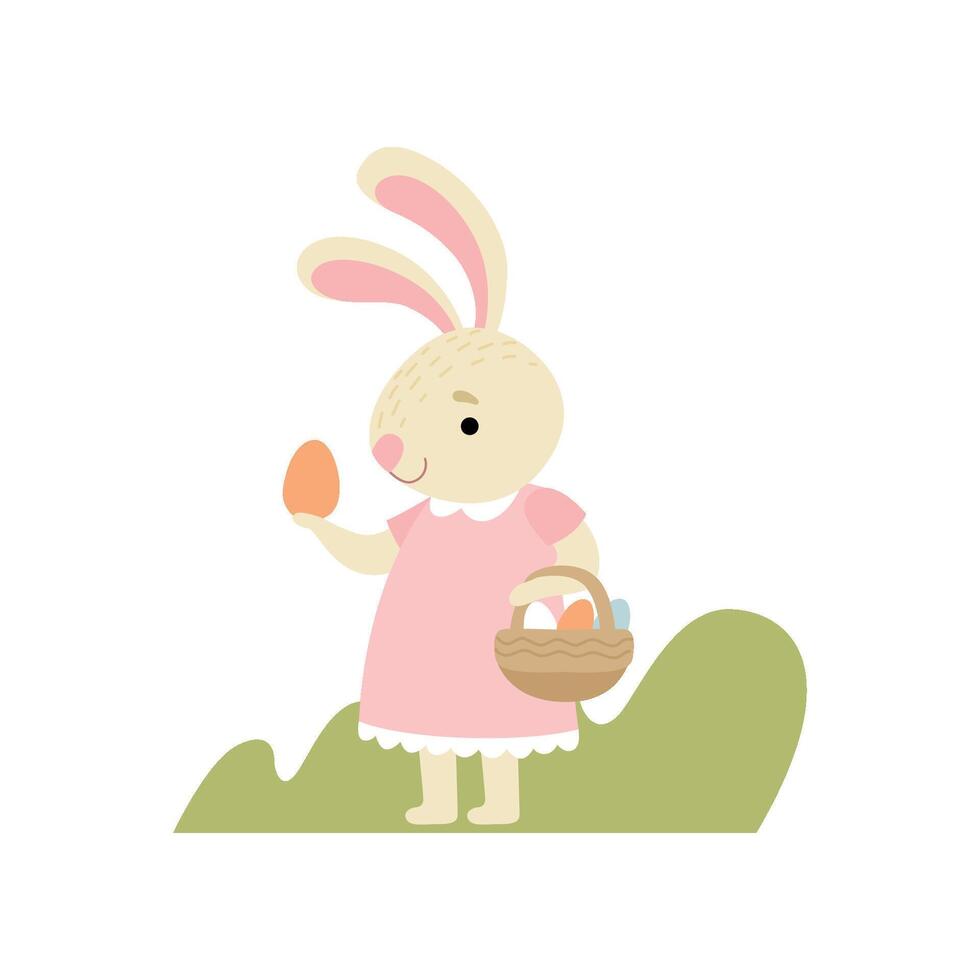 Lovely Bunny in Pink Dress with Basket Full of Decorated Eggs, Happy Easter, Design Element for Greeting Card, Invitation, Poster, Banner Illustration vector